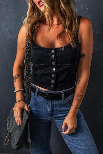 Sleeveless Tops | Black Acid Wash Buttoned Cropped Denim Cami Top - Women
