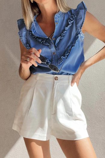 Sleeveless Tops | Sky Blue Mineral Wash Sleeveless Frill Button-Up Denim Shirt - Women