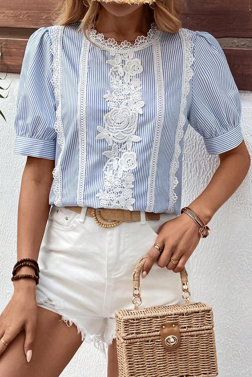 Blouses | Sky Blue Striped Lace Floral Applique Puff Sleeve Blouse - Women