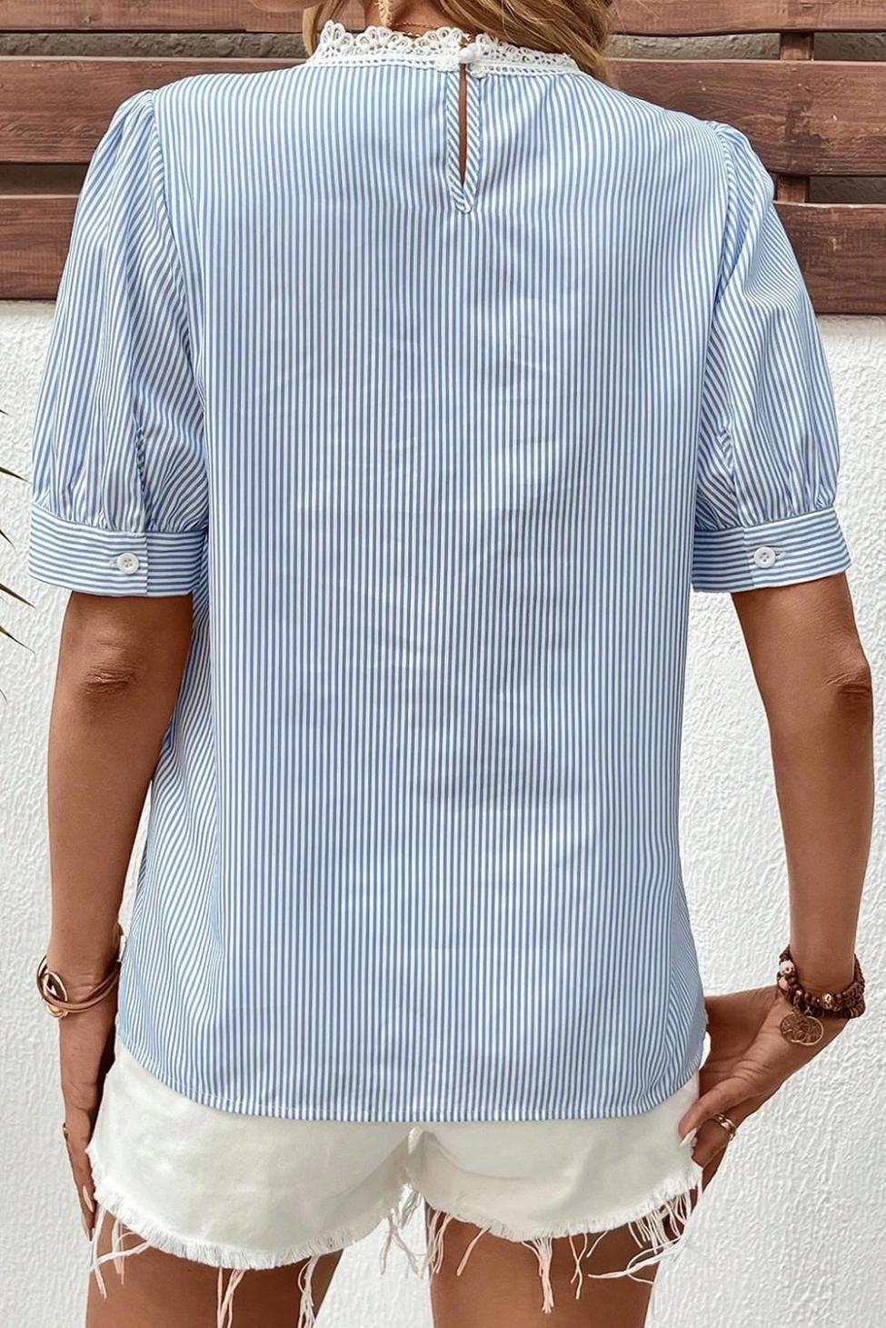 Blouses | Sky Blue Striped Lace Floral Applique Puff Sleeve Blouse - Women