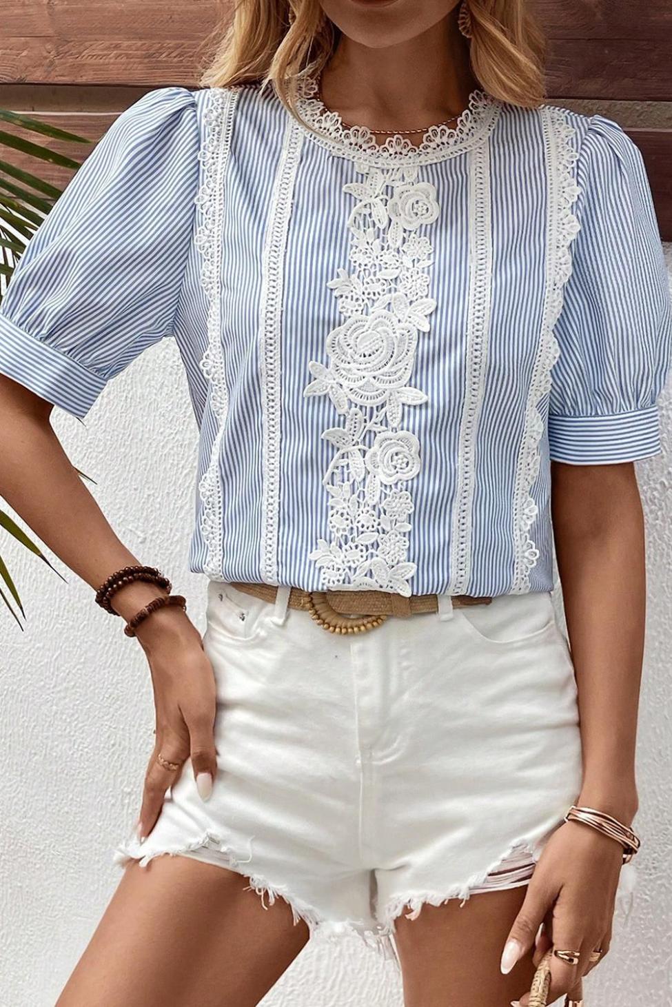 Blouses | Sky Blue Striped Lace Floral Applique Puff Sleeve Blouse - Women