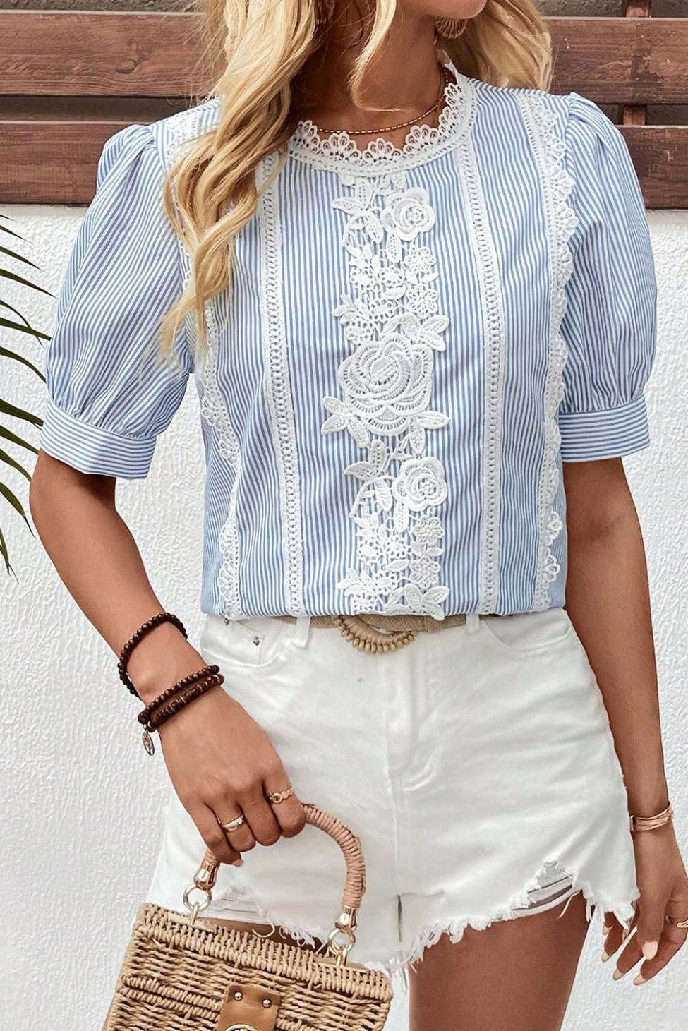 Blouses | Sky Blue Striped Lace Floral Applique Puff Sleeve Blouse - Women