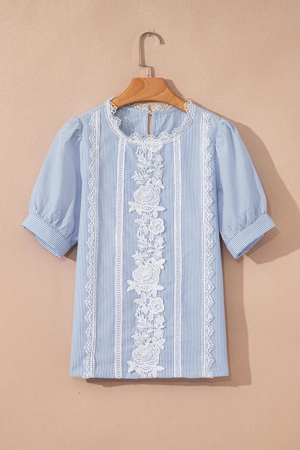 Blouses | Sky Blue Striped Lace Floral Applique Puff Sleeve Blouse - Women
