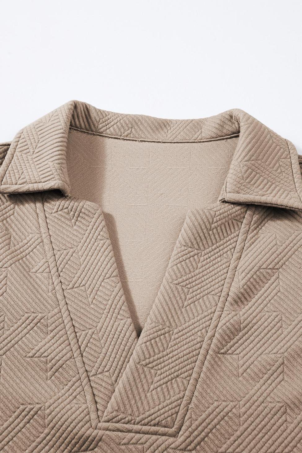 T Shirts | Pale Khaki Textured V Neck Collared Split Hem T Shirt - Women