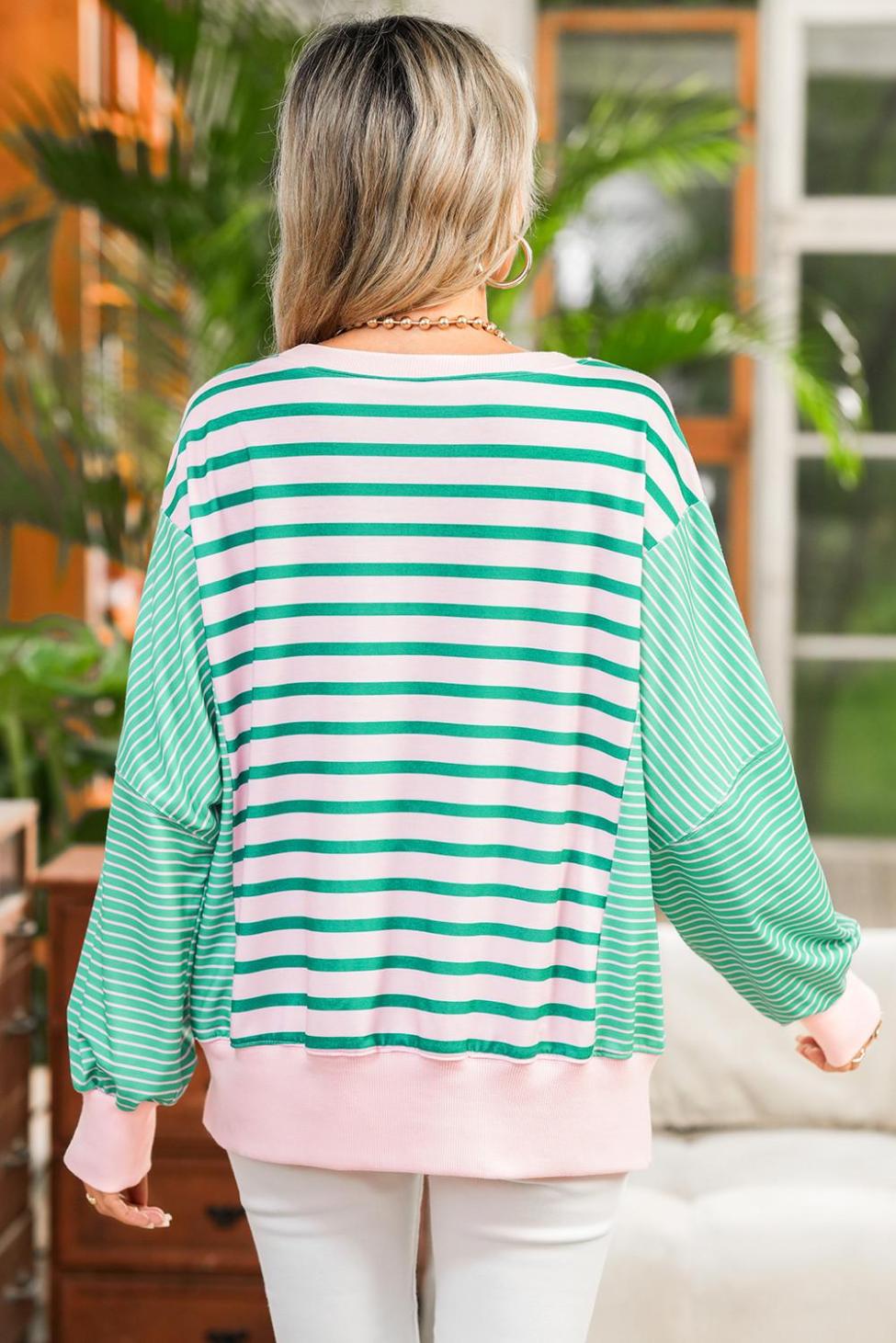 Sweatshirts & Hoodies | Green Stripe Colorblock Patchwork Side Split Sweatshirt - Women