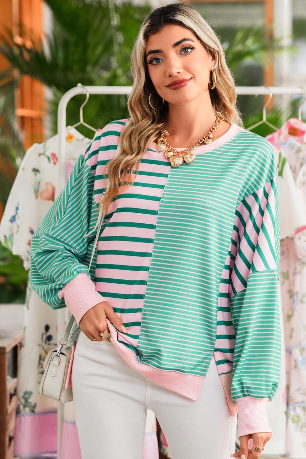 Sweatshirts & Hoodies | Green Stripe Colorblock Patchwork Side Split Sweatshirt - Women