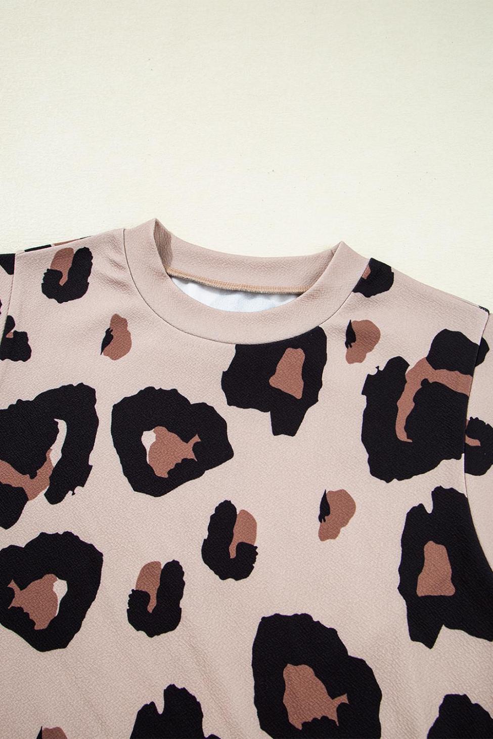 T Shirts | Khaki Leopard Round Neck Cap Sleeve Casual Tee - Women