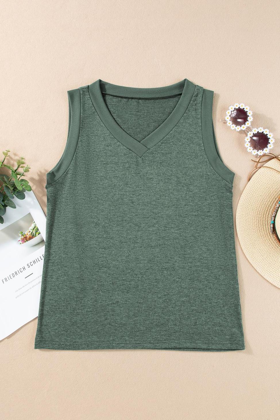 Sleeveless Tops | Mist Green Contrast Trim V-Neck Loose Fit Tank Top - Women
