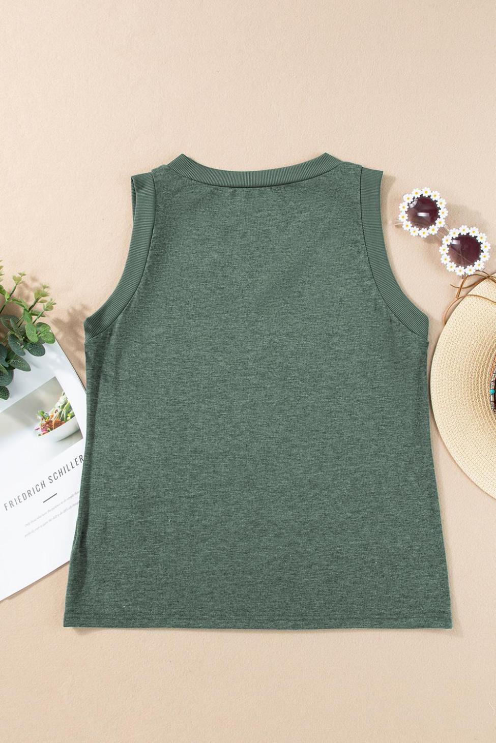 Sleeveless Tops | Mist Green Contrast Trim V-Neck Loose Fit Tank Top - Women