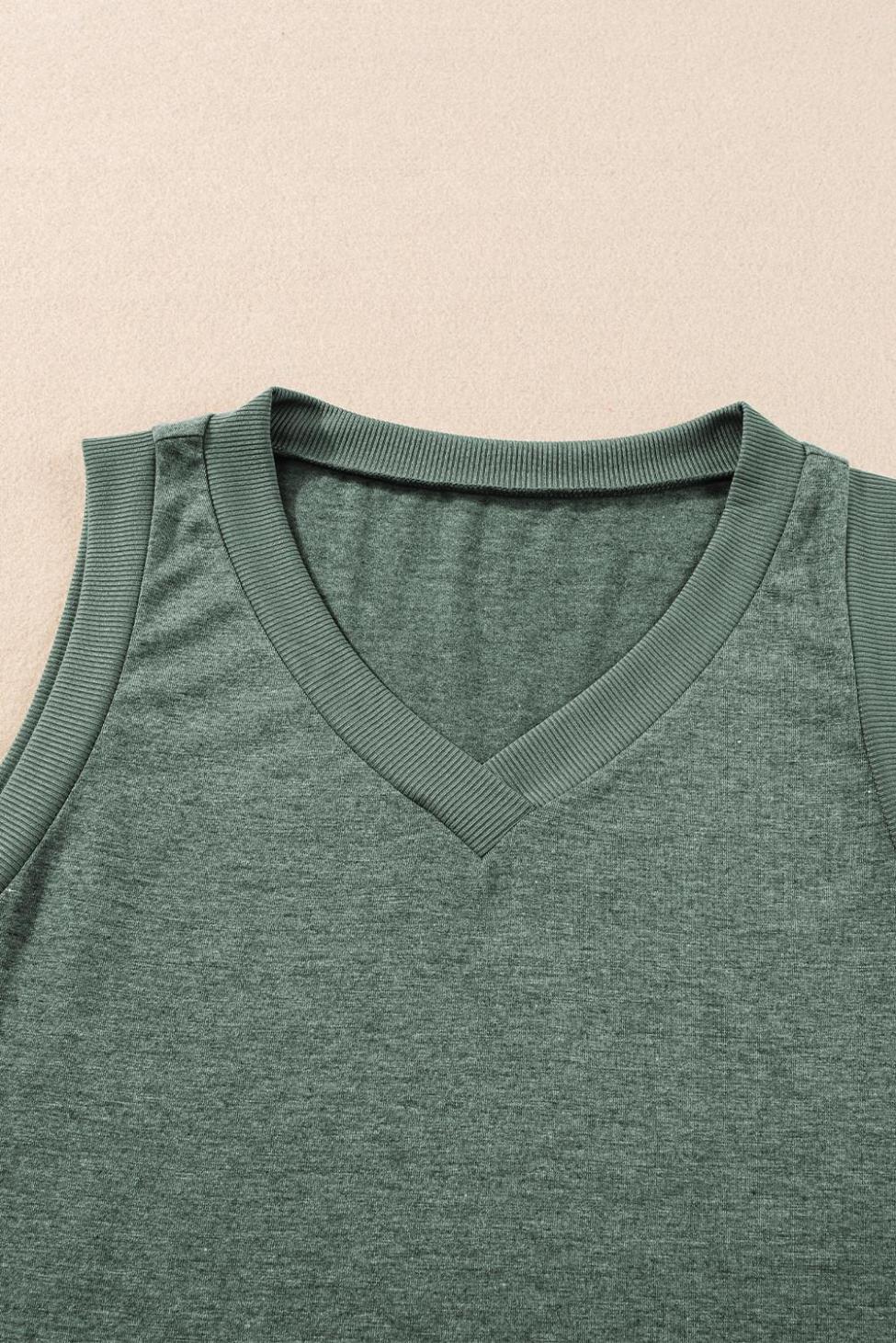 Sleeveless Tops | Mist Green Contrast Trim V-Neck Loose Fit Tank Top - Women