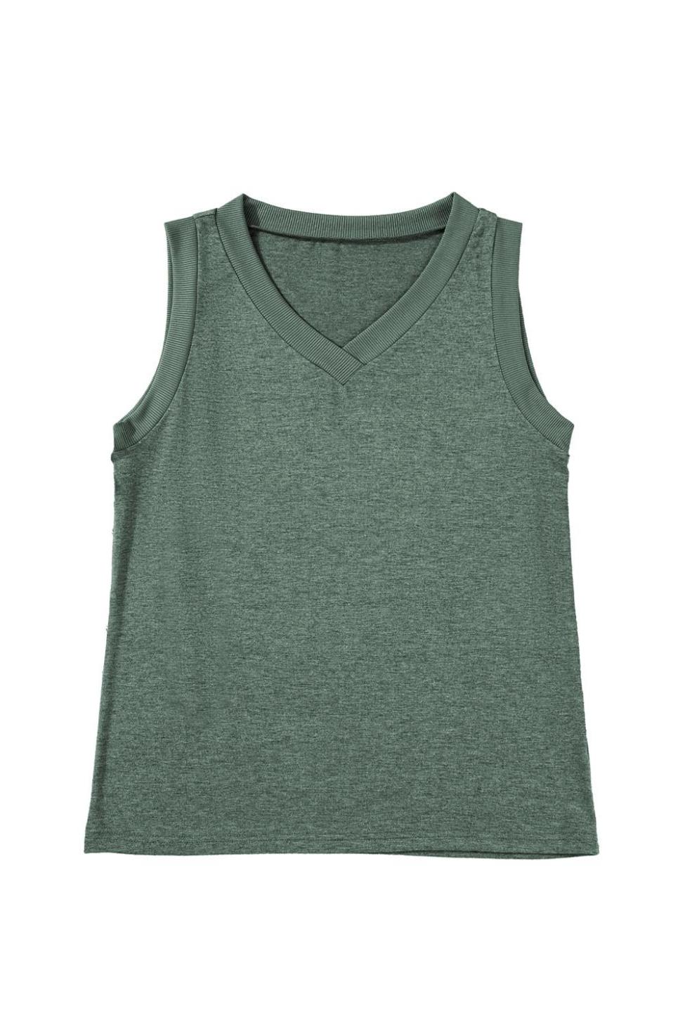Sleeveless Tops | Mist Green Contrast Trim V-Neck Loose Fit Tank Top - Women