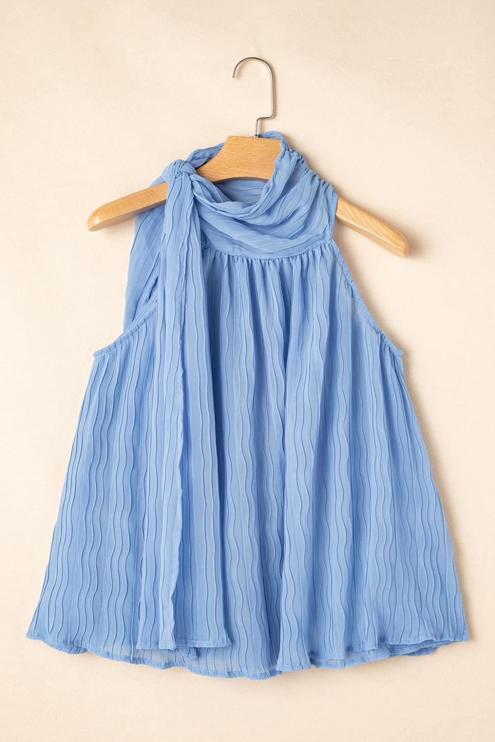 Sleeveless Tops | Myosotis Textured Pleated Tie Mock Neck Flowy Sleeveless Top - Women