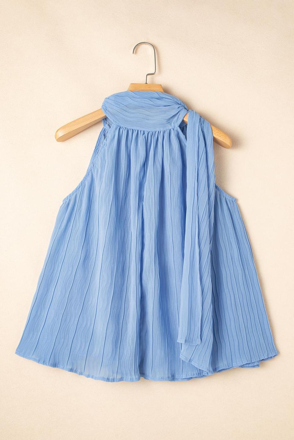 Sleeveless Tops | Myosotis Textured Pleated Tie Mock Neck Flowy Sleeveless Top - Women