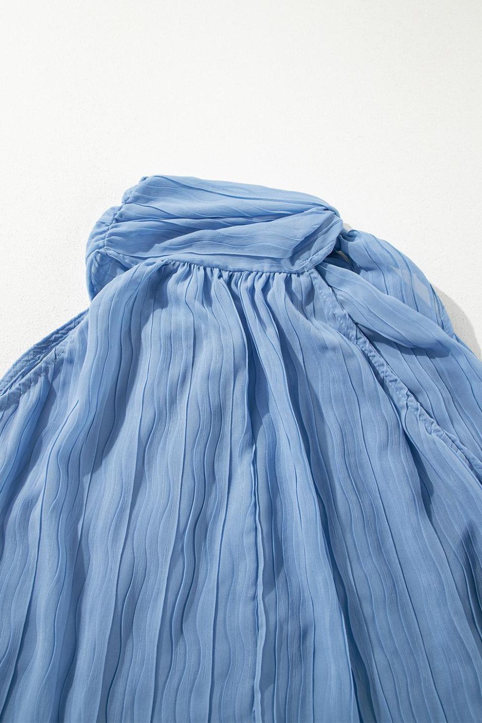 Sleeveless Tops | Myosotis Textured Pleated Tie Mock Neck Flowy Sleeveless Top - Women