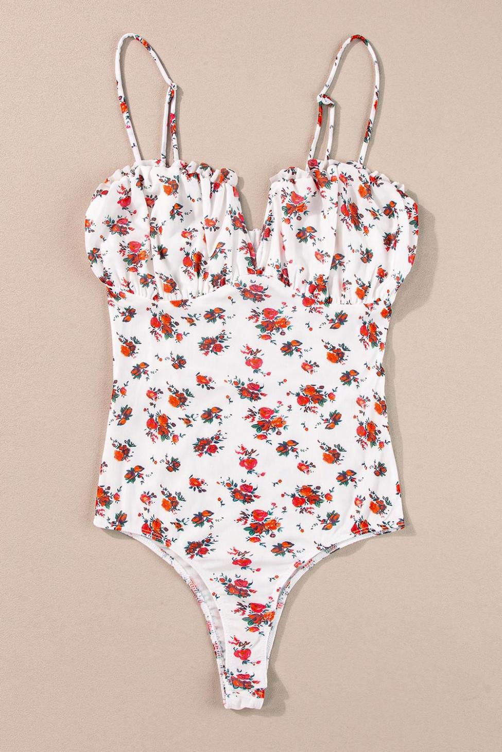 Bodysuits | White Floral V Cut Frilled Trim Spaghetti Straps Bodysuit - Women