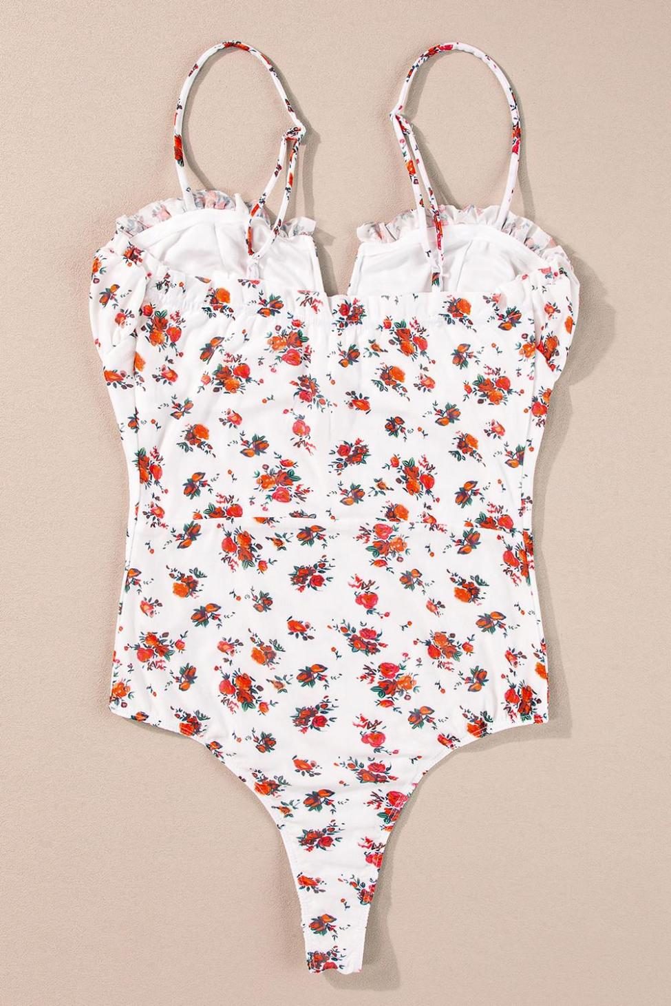 Bodysuits | White Floral V Cut Frilled Trim Spaghetti Straps Bodysuit - Women